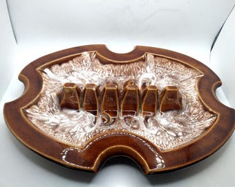 Large Vintage Mid Century Modern Ceramic Ashtray: Brown Drip Glaze, 1970s Decor