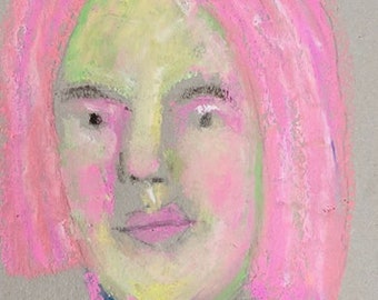 Oil Pastels Painting  Woman Portrait Drawing  Woman Pink Hair  Painterly Naive Art  4x6 Inch Paper Katie Jeanne Wood