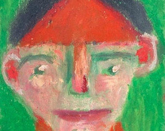 Retrato original de estilo ingenuo, pintura de 4x6 pulgadas, retrato de niño estilo caricatura.