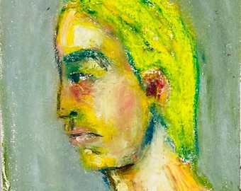 Original Oil Pastel Drawing Blonde Man, Affordable Cardboard Art, Male Portrait Art, Oil Pastel Drawing  Man No 14