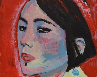 Mixed Media Acrylic Portrait Painting Original. Small Watercolor Paper Art. Girl Portrait Art. Teal Polka Dots.