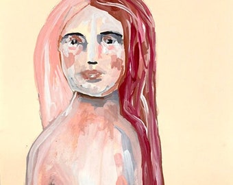 Mixed Media Portrait Painting, Expressive Naive Woman Outsider Art, 8.5x11 Original Handmade Art on Paper