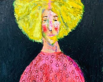 Oil Pastels Portrait Painting, Lady Wearing Pink Polka Dots, Painterly Naive Art, 8.5x11 Inch Manila Paper - Free Spirit