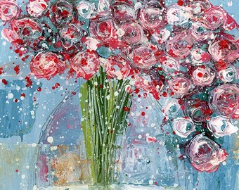 Pink & White Roses Flower Unframed Painting Print, Dining Room Print, Modern Floral Print No 105