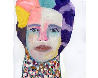 Mixed Media Portrait Painting, Colorful Expressionist Naive Outsider Art, 9x12 Original on Paper