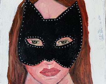 Woman Wearing Masquerade Mask Portrait Painting Unique Original Goth Art Gift For Halloween