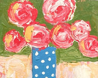 Pink Roses Floral Art, Blue Vase Polka Dots, Mini Handmade Flower Painting No 285