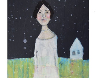 Woman Figure Painting Print. Whimsical Portrait Art Digital Print. Winter Snowstorm Print. Art Gift for Friend