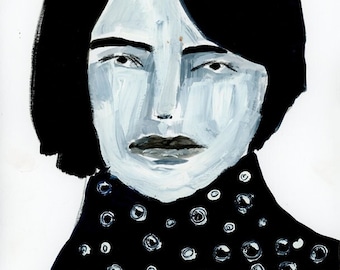 Original schwarz-weiße, naive Gouache-Frau