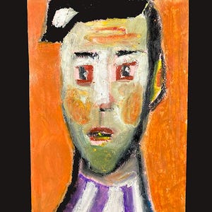 May include: A colorful portrait painting of a person with a green face, red eyes, and orange cheeks. The person is wearing a purple and white striped shirt. The background is orange, and the artwork is set against a black backdrop.