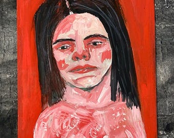 Female Folk Art Portrait Painting Original Red & Black Naive Wall Art