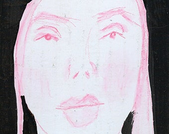 Original Naive Portrait Painting Watercolor Woman Portrait Cardboard Art - Elitist