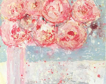 Pale Pink Peonies Farmhouse Floral Painting, Modern Floral Art, Farmhouse Flower Painting Original No 79