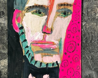 Original Gouache Portrait Painting Naive Quirky Artsy Male Face Miz Katie Art