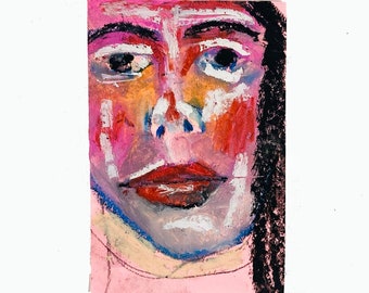 Retrato original de mujer pensativa pintado al óleo con pasteles al estilo ingenuo.