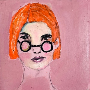 Affordable Cardboard Art, Woman Portrait Art, Pink & Orange Acrylic Painting image 1