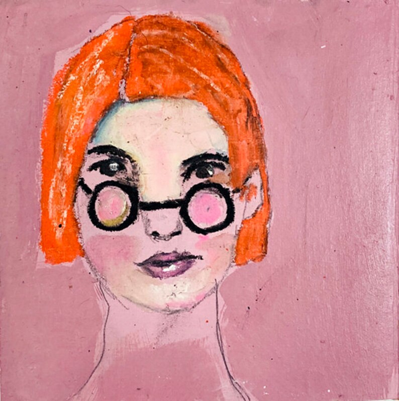 Affordable Cardboard Art, Woman Portrait Art, Pink & Orange Acrylic Painting image 1