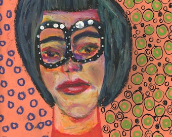 1980s Glam Girl Portrait Drawing, Original Handmade Wall Art Painting, Big Glasses Polka Dots