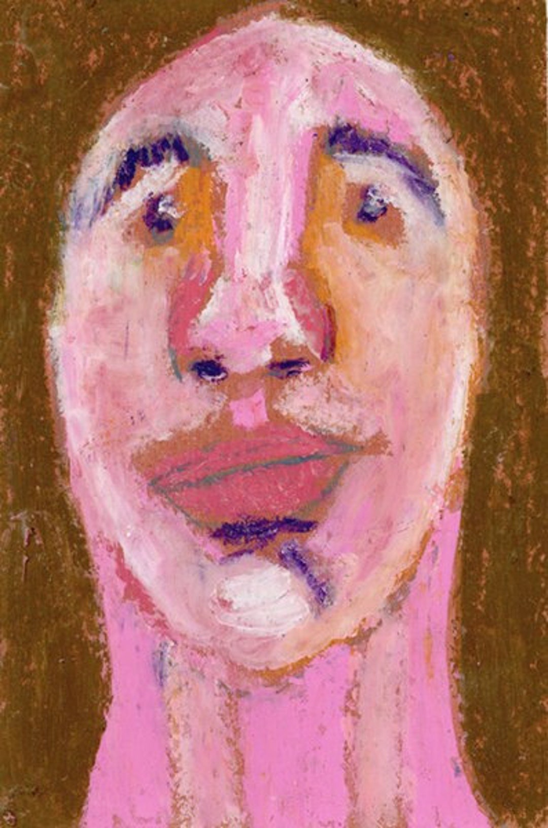 Original Oil Pastel Naive Art Portrait Painting Outsider Art Etsy