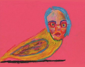 Sci-fi Humanoid Giclee Print Woman Bird Painting Pink & Blue Wall Art