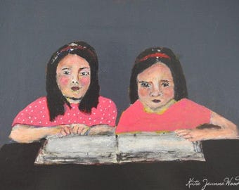 Libro de la biblioteca de niñas leyendo, retrato en acrílico