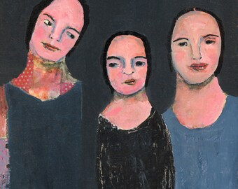 Three Sisters Portrait Unframed Painting Giclee Print, Little or Big Sister Gift, Humorous Family Portrait Print