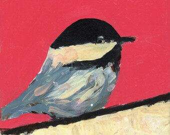 Chickadee Bird Giclee Print, Red Sky & Snow Painting Print, Bright Cheerful Wildlife Wall Art