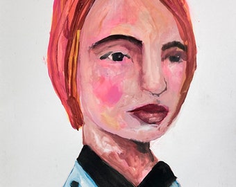 Expressionistic Woman Gouache 9x12 Portrait Painting