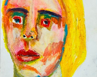 Lost Lonely Zombie Woman Portrait, Oil Pastels Portrait Drawing, Painterly Naive Art, 6x9 Inch Watercolor Paper Katie Jeanne Wood