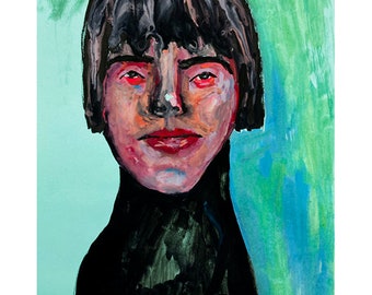Pintura original hecha a mano, retrato expresivo de mujer zombi verde, técnica mixta, arte de pared de 8.5 x 11 pulgadas.