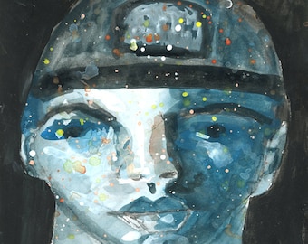 Baseball Sports Team Player, Original Naive Painterly Boy Portrait Painting