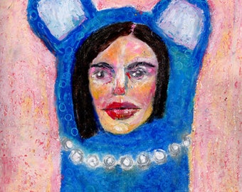 Blue Bear Humanoid Drawing, Oil Pastels Portrait in Painterly Naive Style on 9x12 Inch Watercolor Paper by Katie Jeanne Wood