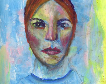 Oil Pastels Woman Portrait Drawing in Painterly Naive Art Style on 9x12 Inch Watercolor Paper by Katie Jeanne Wood