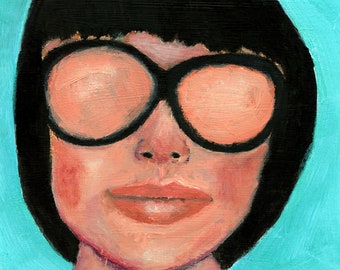 Woman Portrait Wearing Rose Colored Sunglasses, Teal Blue Giclee Print
