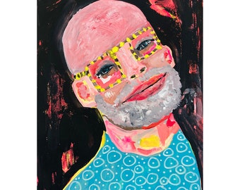 Mixed Media Portrait Painting, Happy Bald Man, Expressionist Naive Outsider Art, 8.5x11 Original on Paper