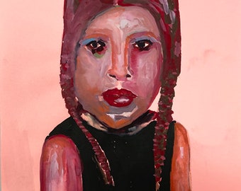 Hippie Woman Braids, Original Handmade Art, Expressive Mixed Media Portrait Painting, 8.5x11 Naive Wall Art