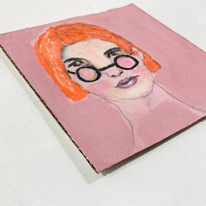 Affordable Cardboard Art, Woman Portrait Art, Pink & Orange Acrylic Painting image 4