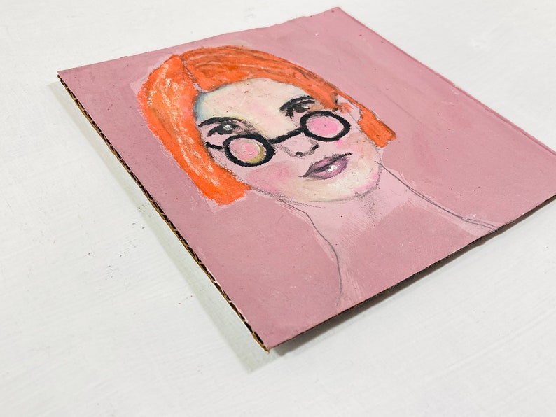 Affordable Cardboard Art, Woman Portrait Art, Pink & Orange Acrylic Painting image 4