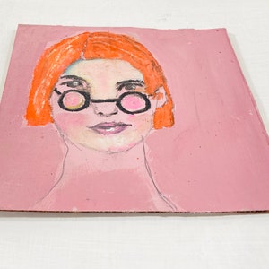 Affordable Cardboard Art, Woman Portrait Art, Pink & Orange Acrylic Painting image 3