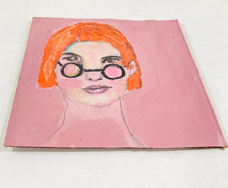 Affordable Cardboard Art, Woman Portrait Art, Pink & Orange Acrylic Painting image 3