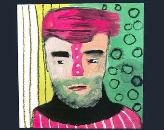 Handsome Man Portrait Painting, 4x4 Gouache Miniature Art, Pop of Color