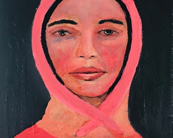 Portrait Painting Woman Wearing Pink Head Scarf, Original Canvas Art - Grace