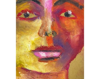 Ritratto naif originale a pastelli a olio, disegno di donna sola