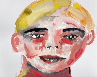 Original 8x8 Happy Boy Child Portrait Painting Naive Gouache Primitive Art