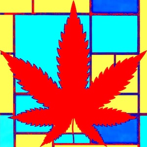 May include: A vibrant red cannabis leaf silhouette against a background of yellow, blue, and turquoise squares. The image has a pop art style with bold colors and sharp lines, creating a striking visual effect.