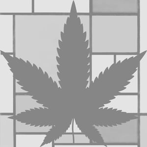 May include: A grayscale image featuring a large cannabis leaf silhouette. The leaf is centrally positioned against a backdrop of a grid pattern, creating a modern and minimalist design. The image is monochromatic, with varying shades of gray.