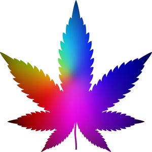 May include: A colorful cannabis leaf illustration. The leaf is rendered in a gradient of colors, transitioning from red to yellow, green, blue, and purple. The image is set against a clean white background.