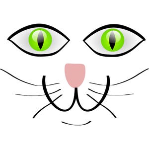 May include: A cartoon illustration of a cat's face. The cat has large, black-outlined eyes with bright green irises. A small, pink nose and black whiskers complete the design, set against a white background.