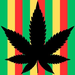 May include: A black cannabis leaf silhouette against a background of vertical stripes in green, yellow, and red. The leaf is a detailed outline of a cannabis plant, with the background stripes creating a vibrant, colorful design.