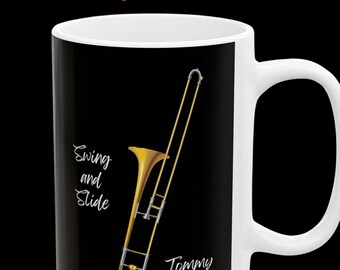 Personalized Trombone Ceramic Mug, (11oz, 15oz) Fun Trombonist Cup, Gift for Musician, Band, Player, Music Teacher, Student Swing Jazz